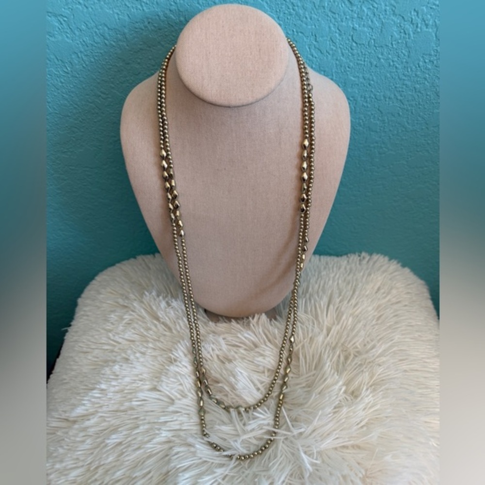 Chico’s Gold Tone Layered Beaded Necklace Long Convertible Wrap Necklace